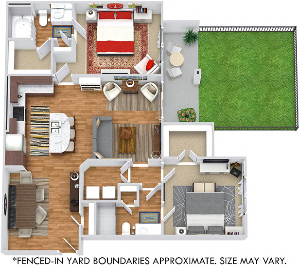 Floor plan for 2 beds, 2 baths, 1177 sqft